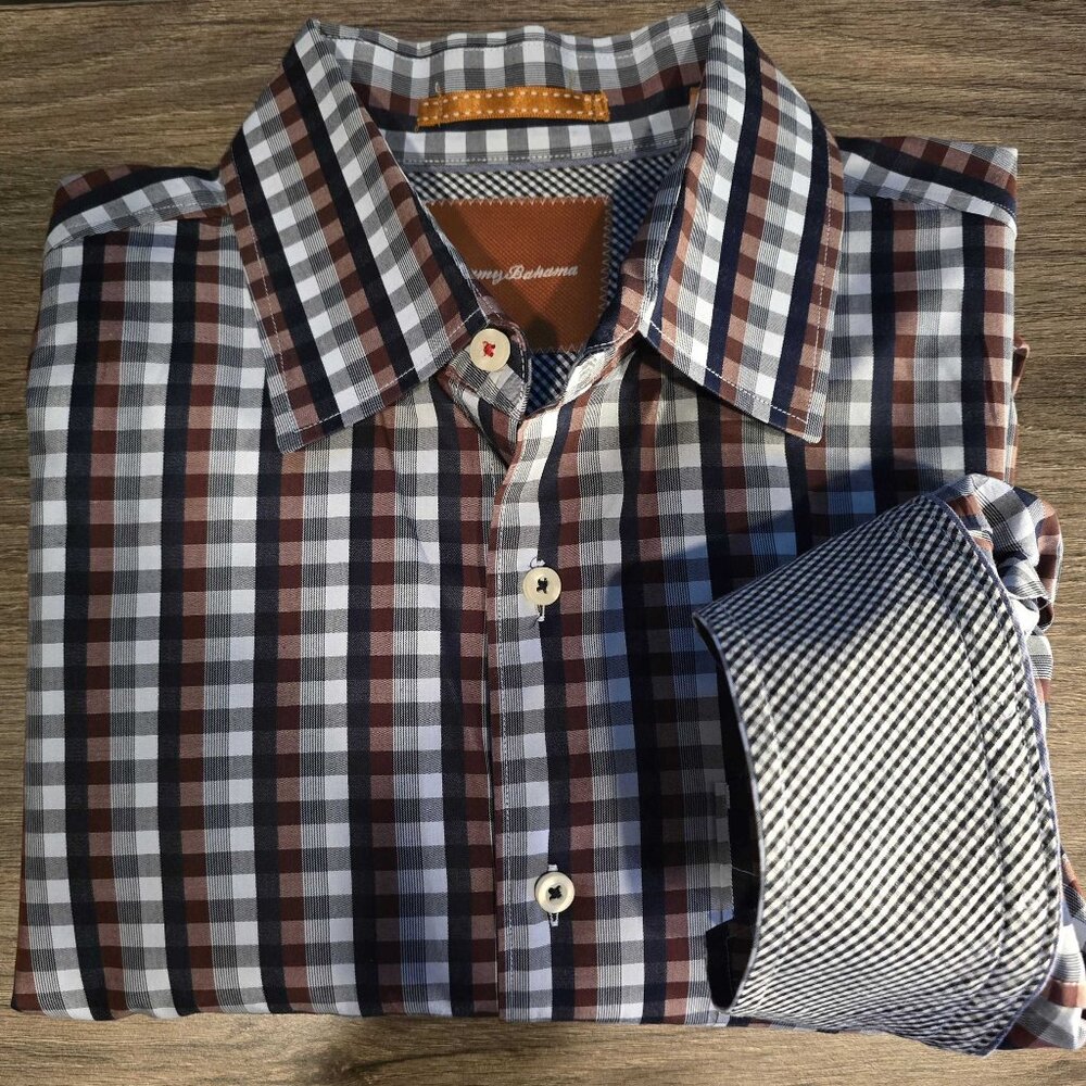 Tommy Bahama L Checkered Shirt – Contrast Cuffs, 100% Cotton